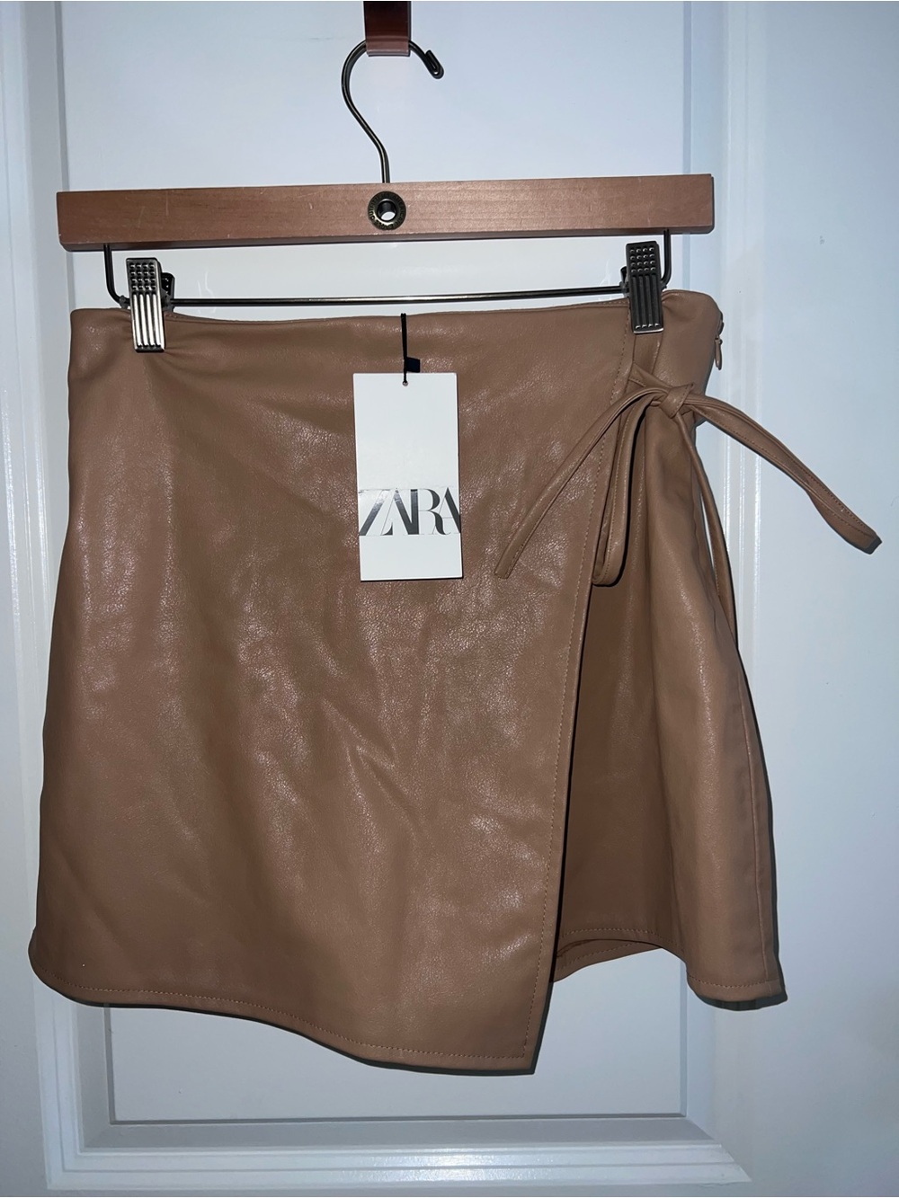 Zara Tan Faux-Leather Wrap Mini Skirt with Side Tie